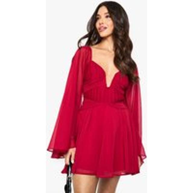 Womens Chiffon Pleated Long Sleeve Mini Dress - Red - 14