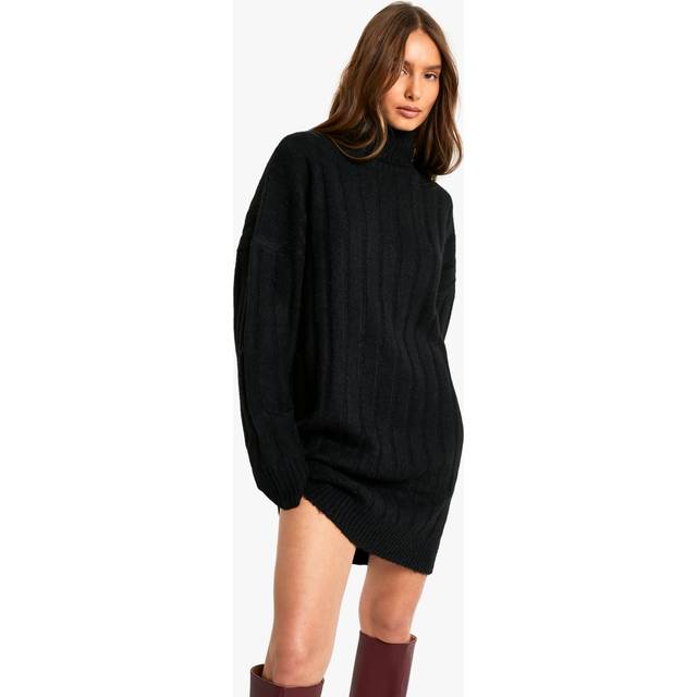 Womens Wide Soft Rib Roll Neck Jumper Dress - Black - S, Black