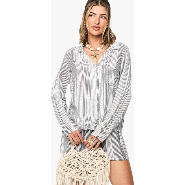 Womens Sequin Stripe Cotton Beach Shirt - White - S