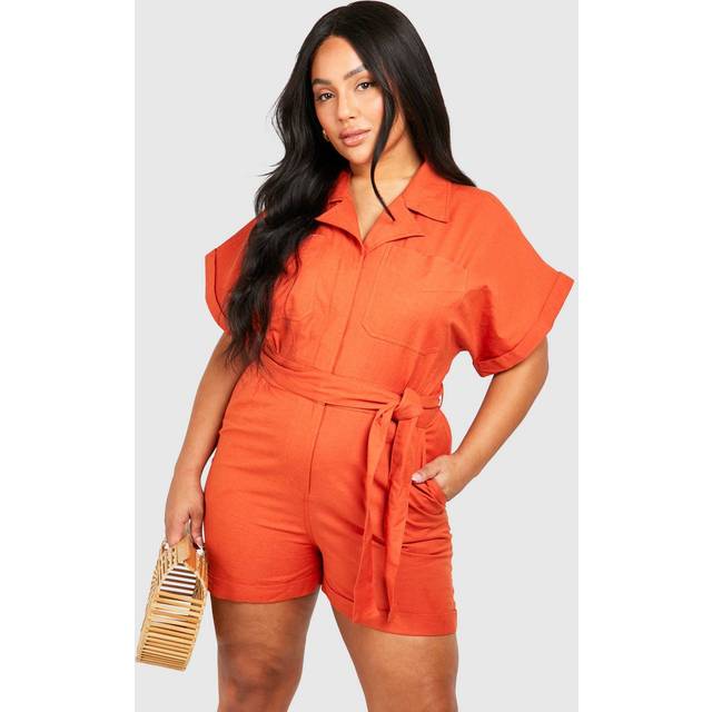 Womens Plus Woven Utility Belted Playsuit - Orange - 28, Orange