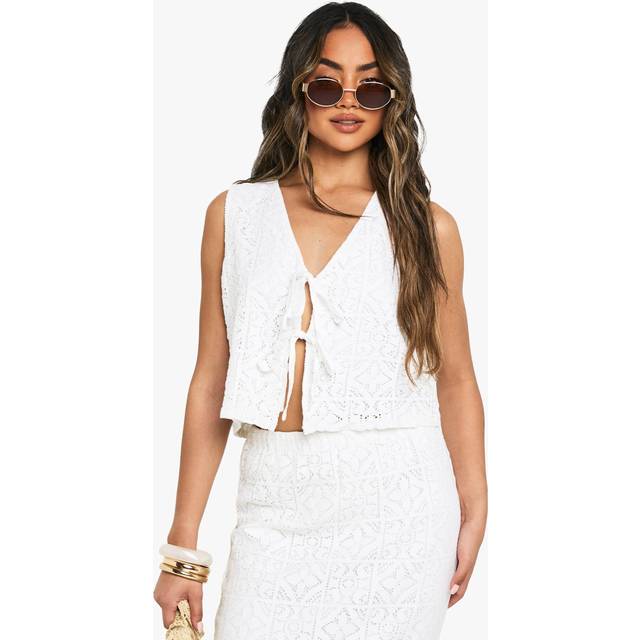 Womens Crochet Tie Front Waistcoat - White - 12, White