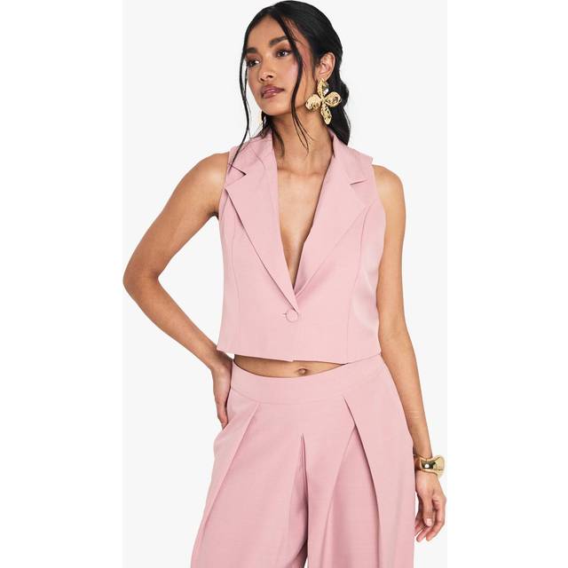 Womens Linen Look Tailored Cropped Waistcoat - Pink - 16