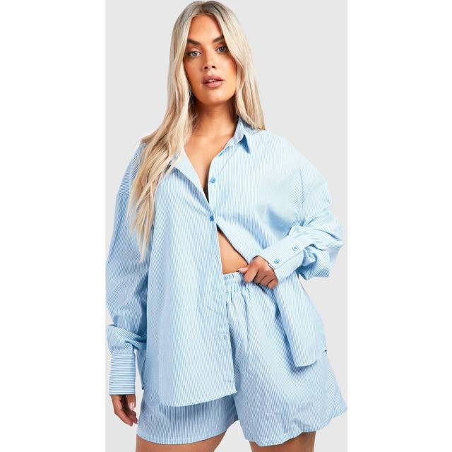 Womens Plus Oversized Shirt Short Set - Blue - 18