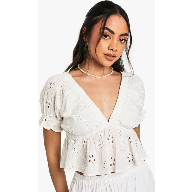 Womens Broderie Smock Top - White - 8