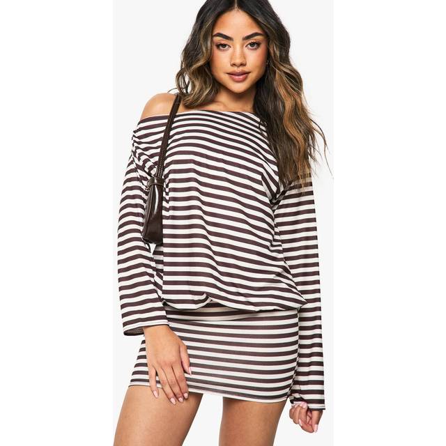 Womens Stripe Off The Shoulder Long Sleeve Bodycon Mini Dress - Brown - 8, Brown