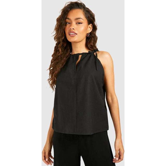 Womens Linen Look Strappy Top - Black - 6, Black