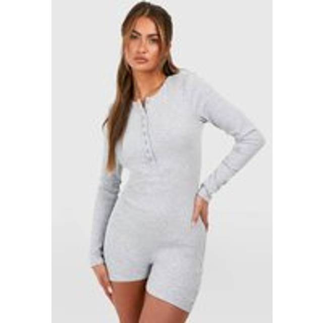 Womens Rib Button Front Playsuit - Grey - 14, Grey
