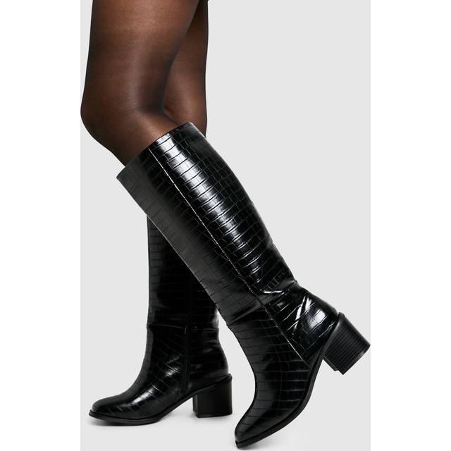 Womens Wide Fit Croc Block Knee High Boots - Black - 8, Black