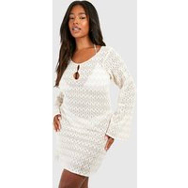 Womens Plus Neutral Stripe Crochet Beach Dress - Beige - 20, Beige