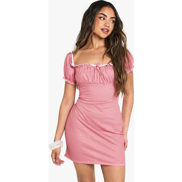 Womens Gingham Puff Sleeve Smock Dress - Red - 12