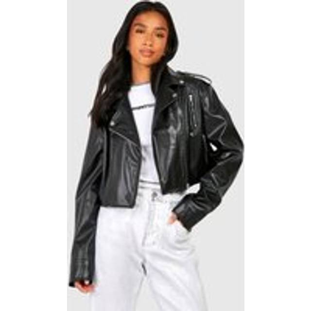 Boohoo Womens Petite Crop Faux Leather Biker Jacket - Black - Size 12 UK