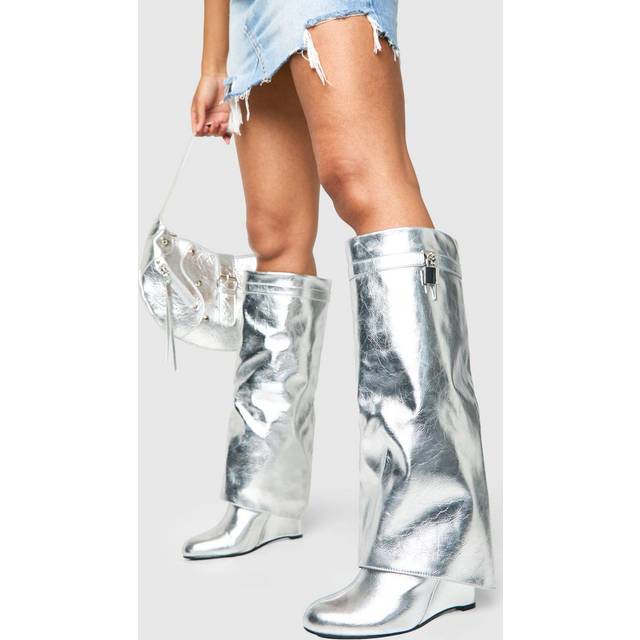 Womens Metallic Padlock Detail Wedge Fold Over Knee Boots - Grey - 3, Grey