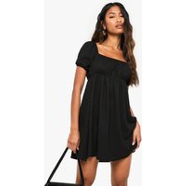 Womens Puff Sleeve Smock Mini Dress - Black - 14