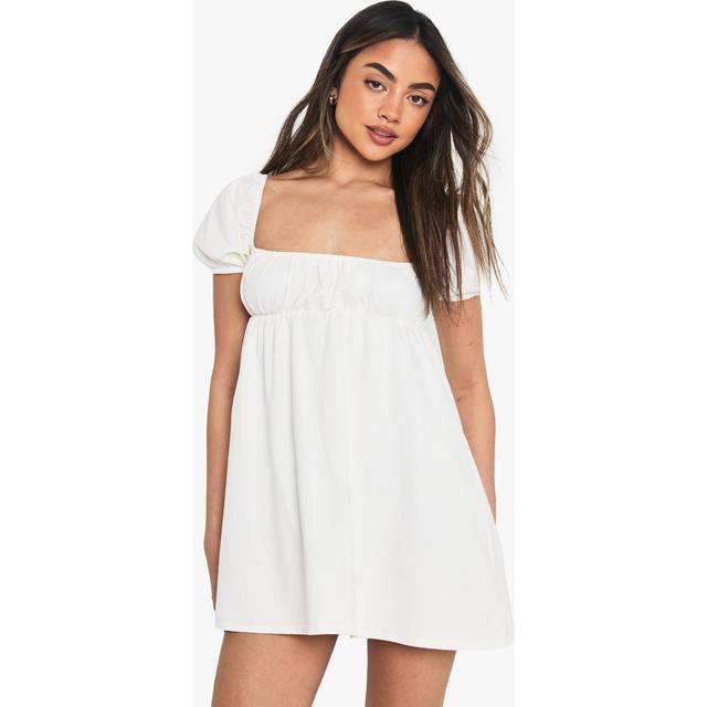 Womens Puff Sleeve Cotton Smock Mini Dress - White - 12