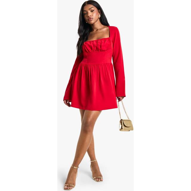 Womens Textured Long Sleeve Milkmaid Mini Dress - Red - 14