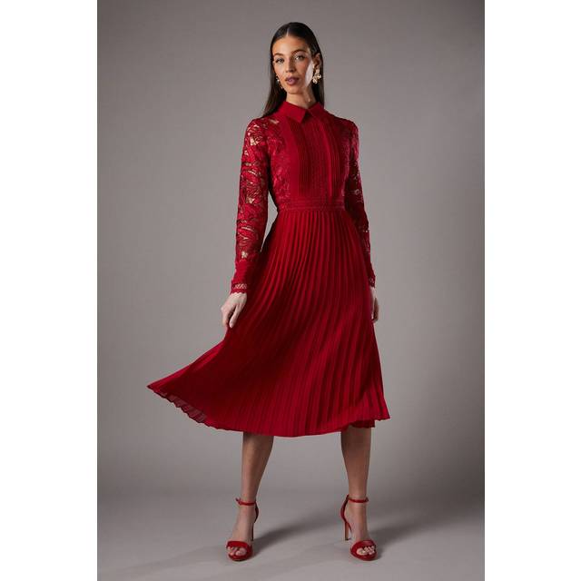 Long Sleeve Lace and Pleated Midi Shirt Dress - Red - 14