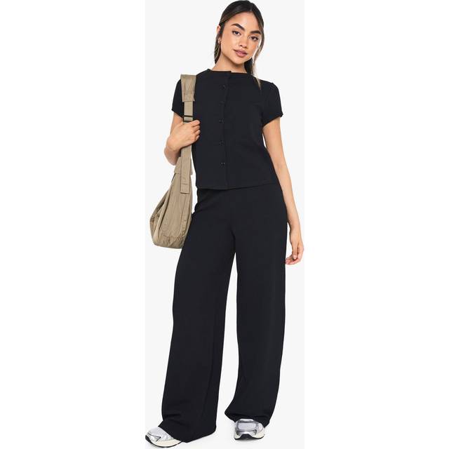 Womens Crinkle Rib Button Through Cap Sleeve Top And Trouser Set - Black - 10, Black