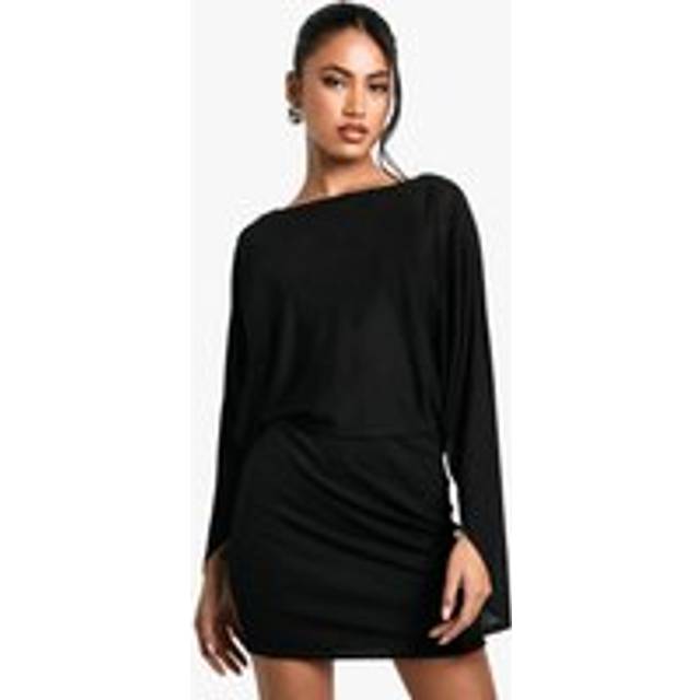 Womens Boat Neck Flare Sleeve Mini Dress - Black - 14, Black