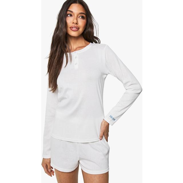 Womens Bridal 'Bride' Embroidered Pointelle Long Sleeve Top & Shorts Pyjama Set - White - 12, White