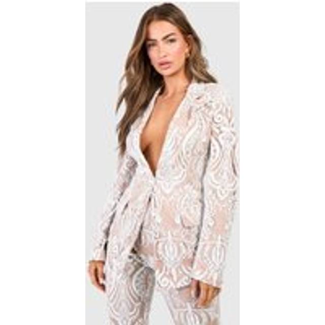 Womens Premium Lace Sequin Blazer - White - 14