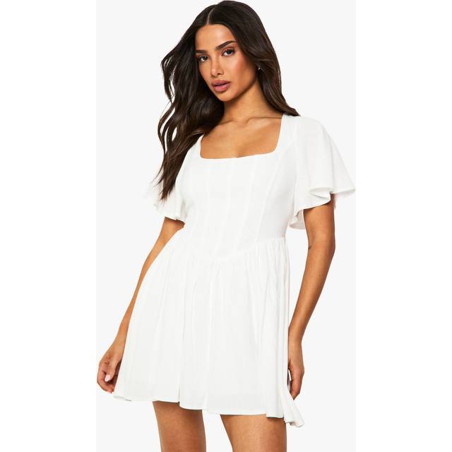 Womens Petite Linen Mix Corset Angel Sleeve Skater Dress - White - 10