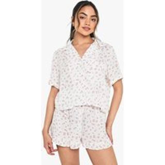 Womens Floral Print Cheesecloth Short Sleeve Shirt & Shorts Pyjama Set - Pink - 6