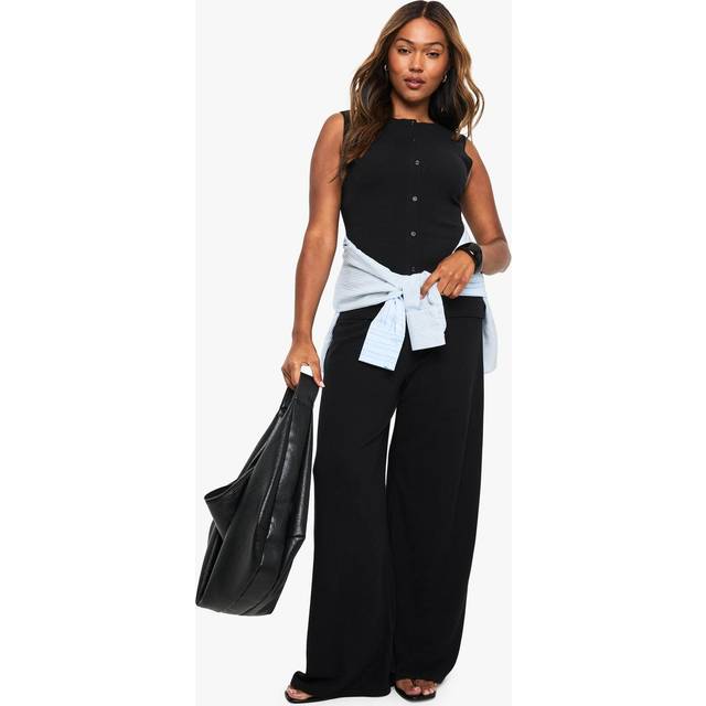 Womens Plus Rib Button Through Waistcoat & Trouser Co Ord - Black - 28, Black