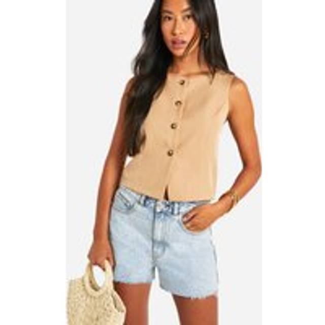 Womens Slash Neck Mock Horn Fitted Waistcoat - Taupe - 16
