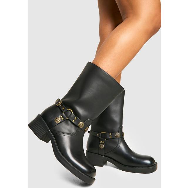 Womens Western Style Buckle Detail Boots - Black - 3