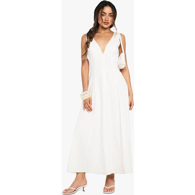 Womens Linen Look Button Detail Midaxi Dress - White - 10, White