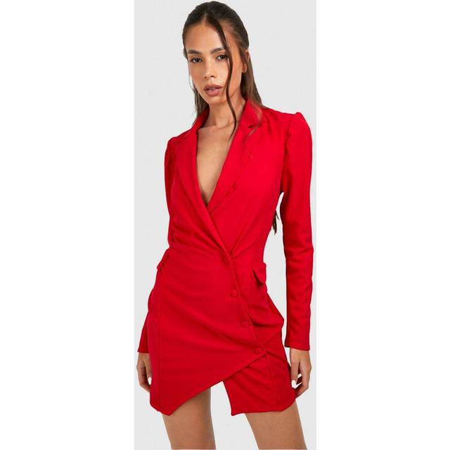 Womens Button Down Long Sleeve Blazer Dress - Red - 14