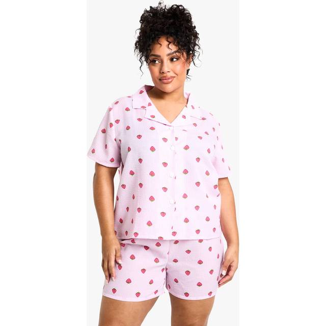 Womens Plus Strawberry Stripe Shirt & Short Pyjama Set - Pink - 20