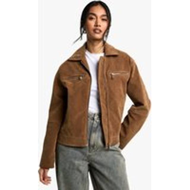 Womens Suede Look Zip Jacket - Brown - 14, Brown