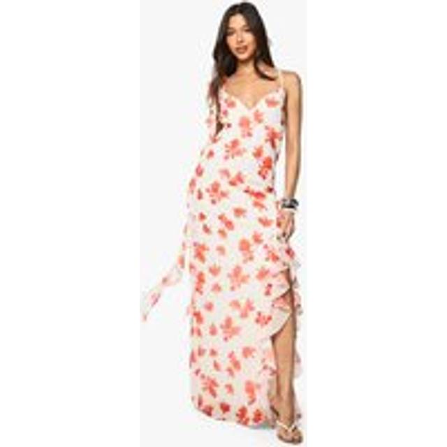 Womens Floral Cowl Neck Backless Maxi Dress - White - 14, White