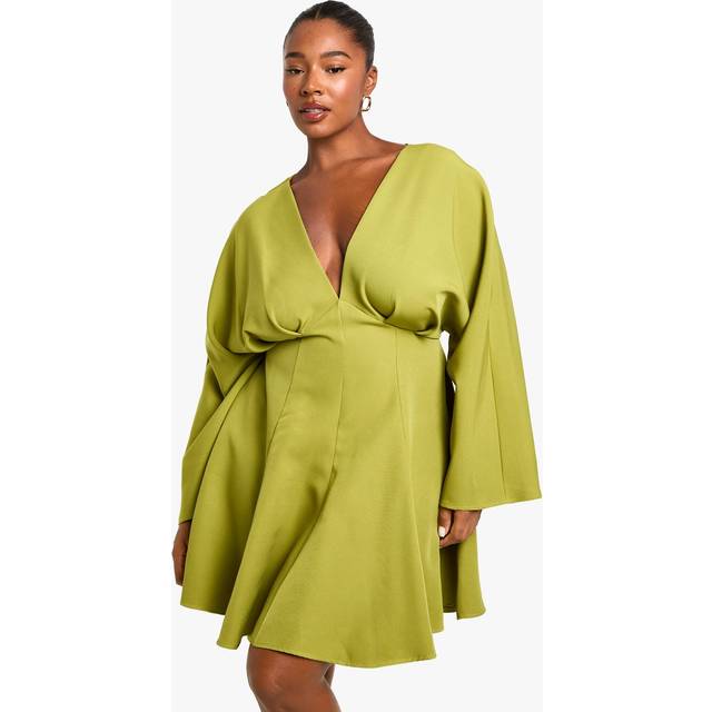 Womens PLUS PLEATED SKIRT LONG SLEEVE SKATER DRESS - Green - 28