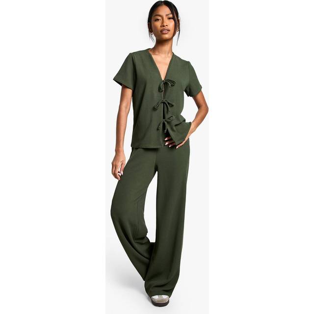 Womens Rib Tie Front Short Sleeve Top and Trouser Co-ord - Green - 8