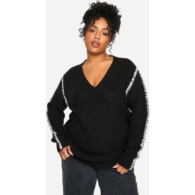 Womens Plus Premium Contrast Trim V Neck Longline Jumper - Black - 18, Black