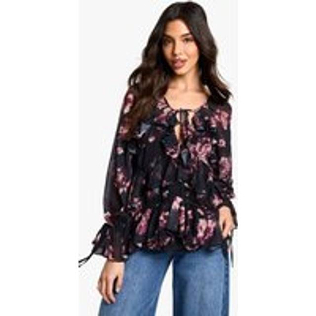 Womens Floral Chiffon Extreme Ruffle Blouse - Black - 6