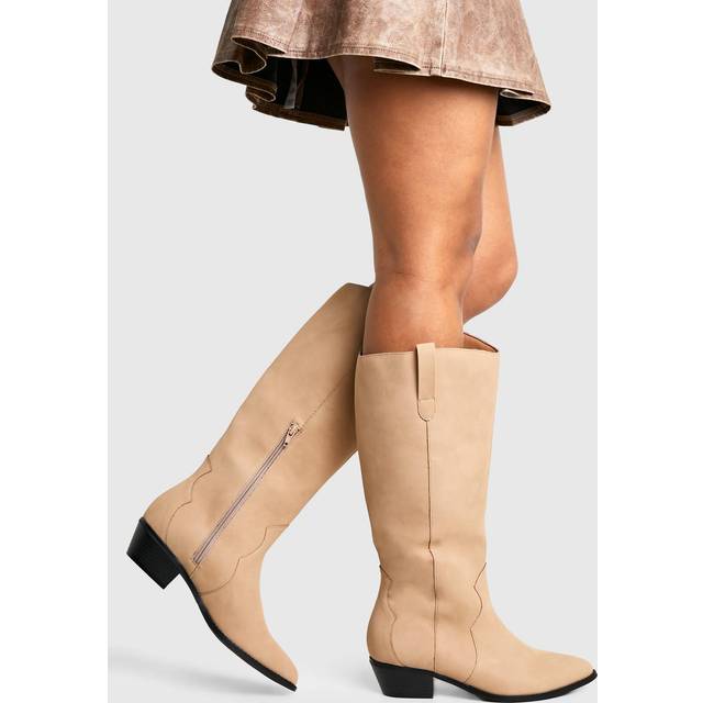 Womens Nubuck Western Style Knee High Boots - Beige - 8, Beige