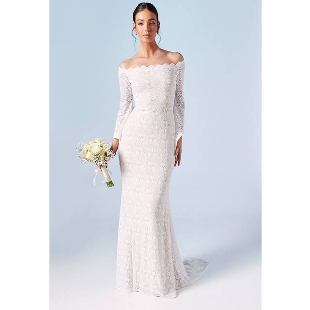 Bardot Boho Lace Fishtail Wedding Dress - Ivory - 10