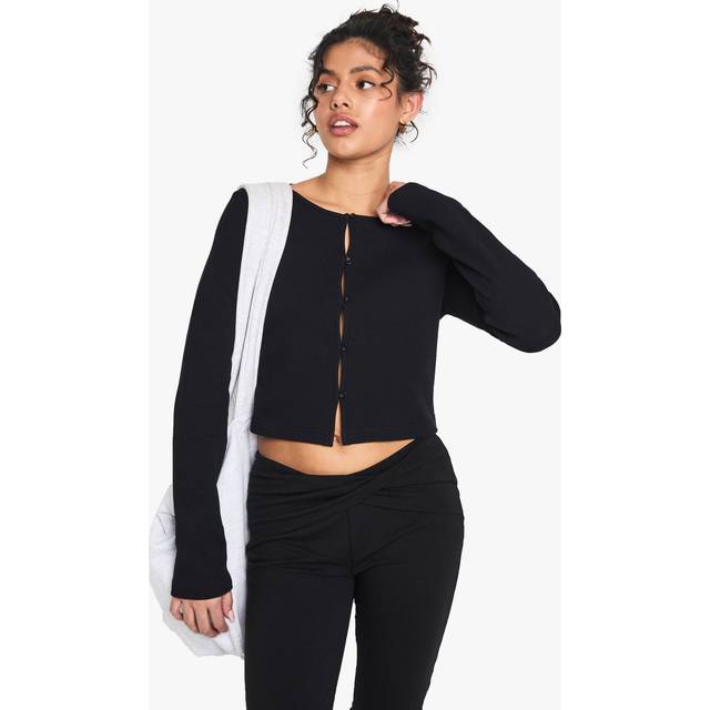 Womens Waffle Button Front Scoop Neck Top - Black - 8