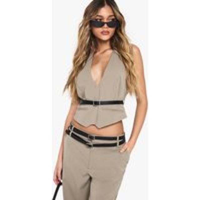 Womens Woven Tailored Halterneck Belted Waistcoat - Beige - 12, Beige