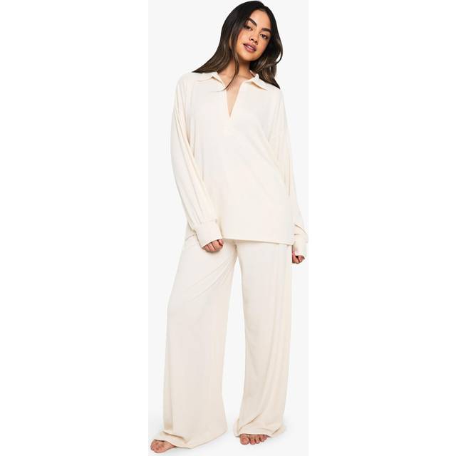 Womens Loungewear Soft Rib Collared Long Sleeve Top & Trousers Pyjama Set - White - 12