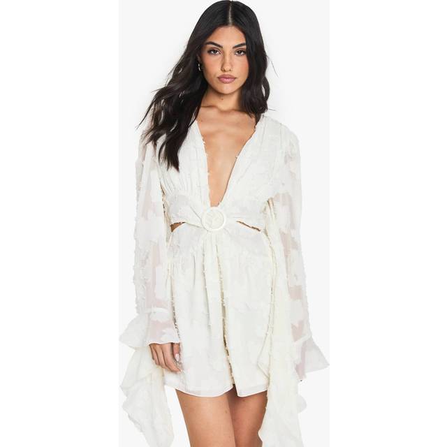 Womens Burnout Floral Wide Sleeve Playsuit - White - 8, White