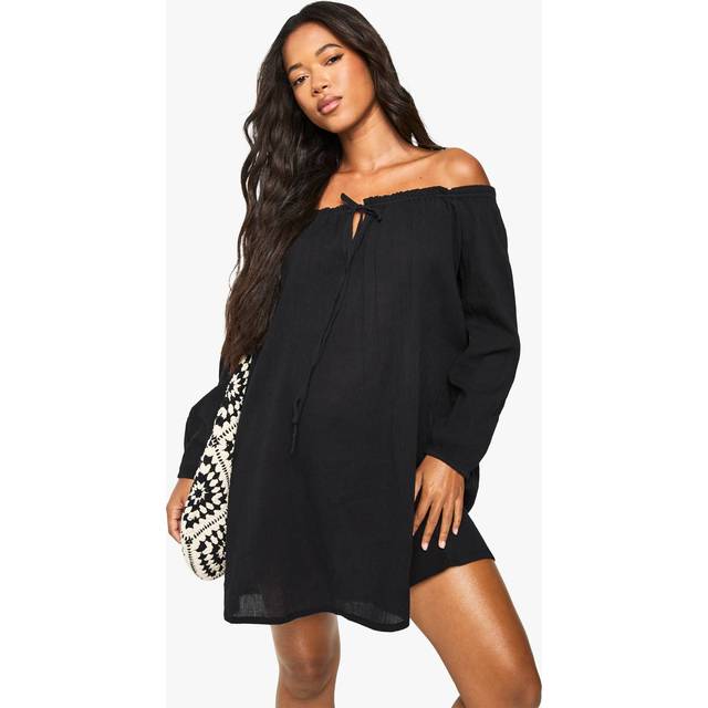 Womens Crinkle Cotton Beach Dress - Black - S, Black