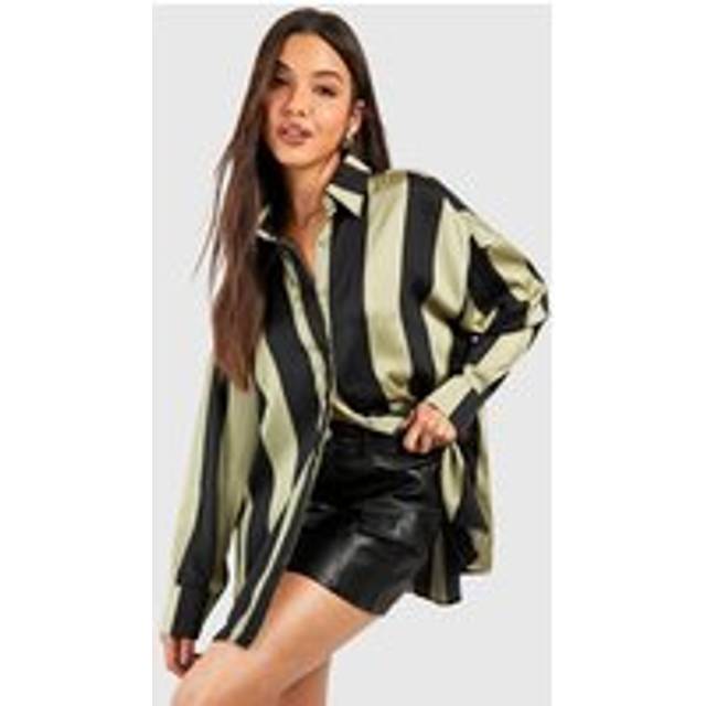 Womens Satin Wide Stripe Drop Shoulder Shirt - Green - 14, Green