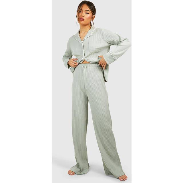 Womens Rib Tie Waist Lounge Trouser - Green - 6, Green