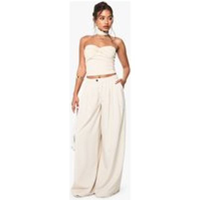 Womens Extreme Wide Leg Pleated Tailored Trousers - Cream - 6, Cream