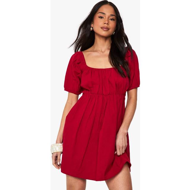 Womens Linen Puff Sleeve Smock Mini Dress - Red - 12, Red