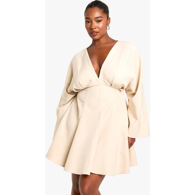 Womens PLUS PLEATED SKIRT LONG SLEEVE SKATER DRESS - Beige - 16